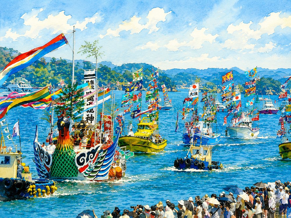 塩釜みなと祭 - 神輿が船で松島湾を巡る海上渡御の祭り